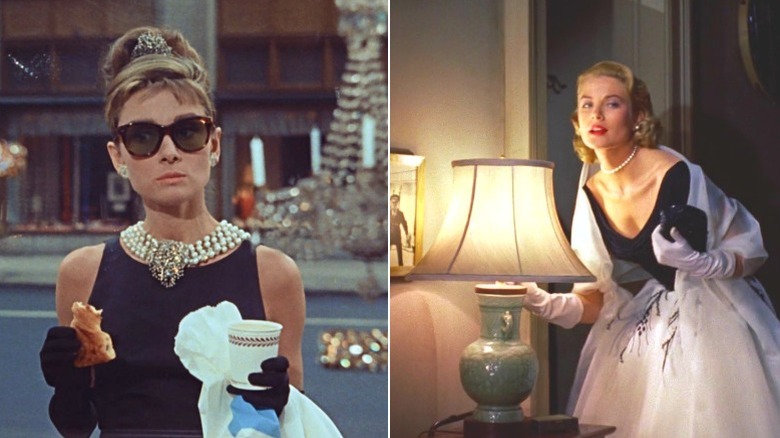 Left: Holly Golightly holds a cup of coffee and a pastry while wearing sunglasses and a black dress in "Breakfast at Tiffany's;" Right: Lisa Fremont turns on a lamp while wearing a black and white dress in "Rear Window"