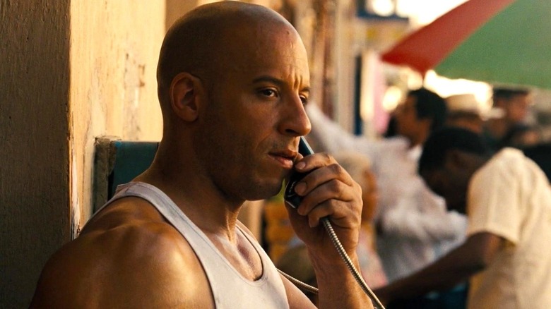 Vin Diesel's Dom Toretto speaking on the phone in Fast & Furious