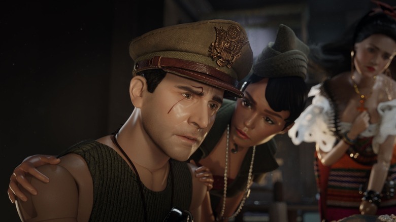 Mark Hogencamp being comforted by his dolls in Welcome to Marwen (2018)