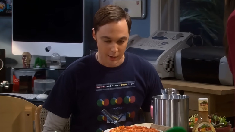 Sheldon smiling at a plate on the kitchen table in "The Big Bang Theory"