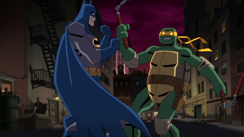 Troy Baker's Batman fighting Kyle Mooney's Michelangelo in Batman vs. Teenage Mutant Ninja Turtles