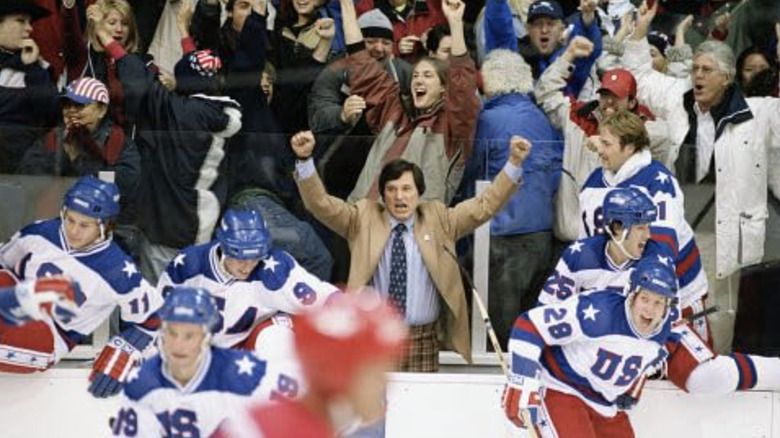 Miracle Coach Herb Brooks celebrating on bench