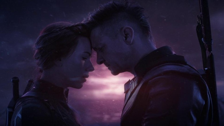 Black Widow and Hawkeye sharing a tender moment in "Avengers: Endgame" (2019)