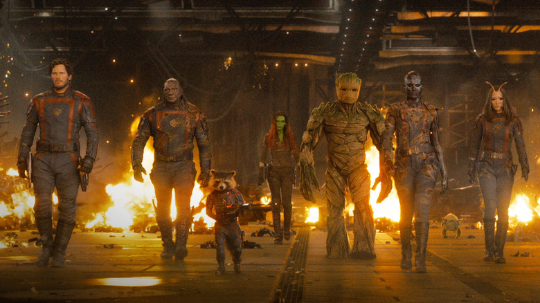 The Guardians of the Galaxy walking into battle together in "Guardians of the Galaxy Vol. 3" (2023)