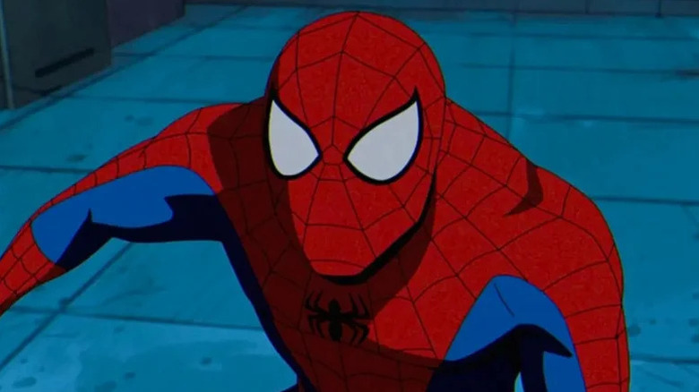 Spider-Man wearing his costume and looking alert on Spider-Man: The Animated Series
