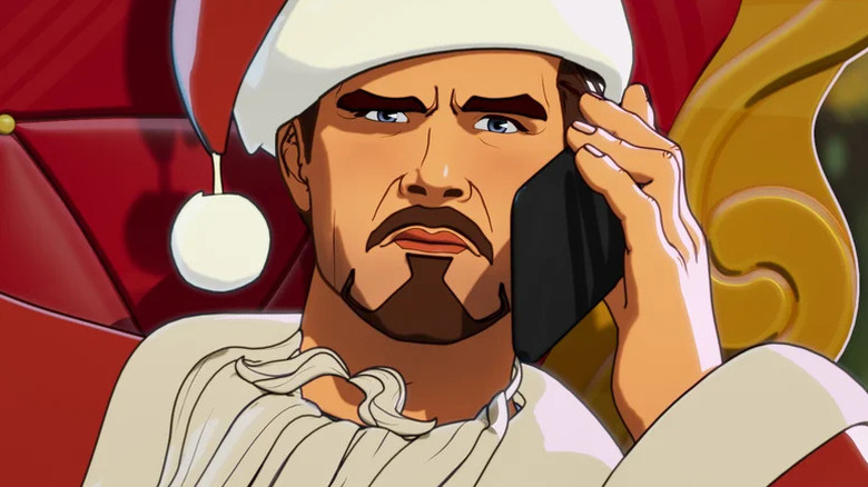 Tony Stark wearing a Santa's costume and speaking on the phone on What If...?