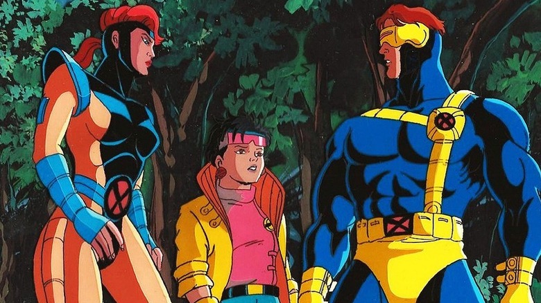 Jean Grey, Jubilee, and Cyclops standing in a forest on X-Men: The Animated Series