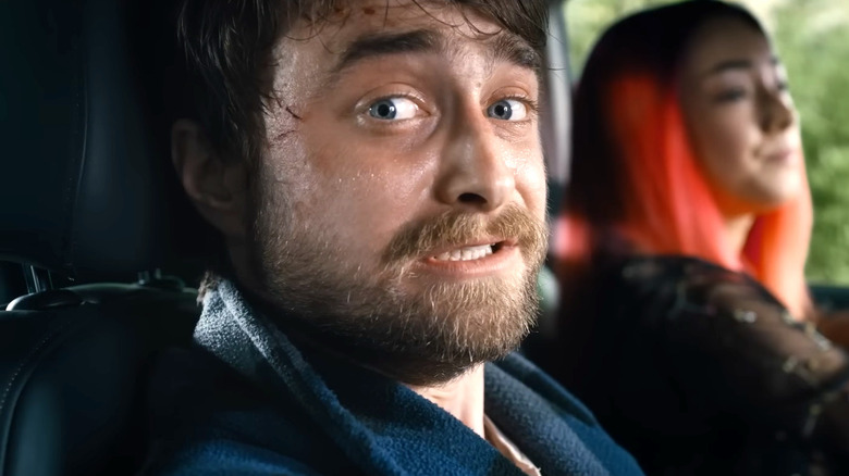 Daniel Radcliffe's Miles Lee Harris looking frightened in Guns Akimbo