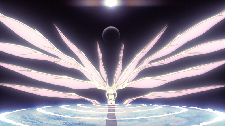 Asuka kneeling with wings in "The End of Evangelion" (1997)