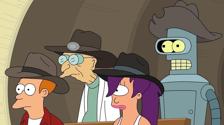 Fry, Bender, Leela, and Professor Farnsworth wearing cowboy hats in Futurama (2023)