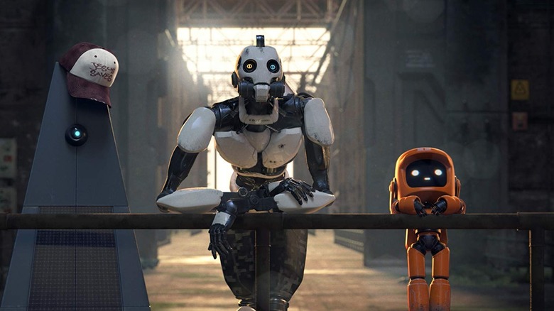 K-VRC, XBOT 4000, and 11-45-G looking at a factory in "Love, Death & Robots"