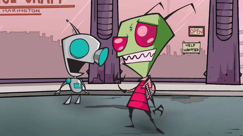 GIR the robot and Zim the alien standing in front of a store in "Invader Zim."
