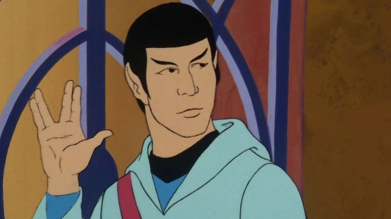 Spoke holding up the Vulcan salute in "Star Trek: The Animated Series."