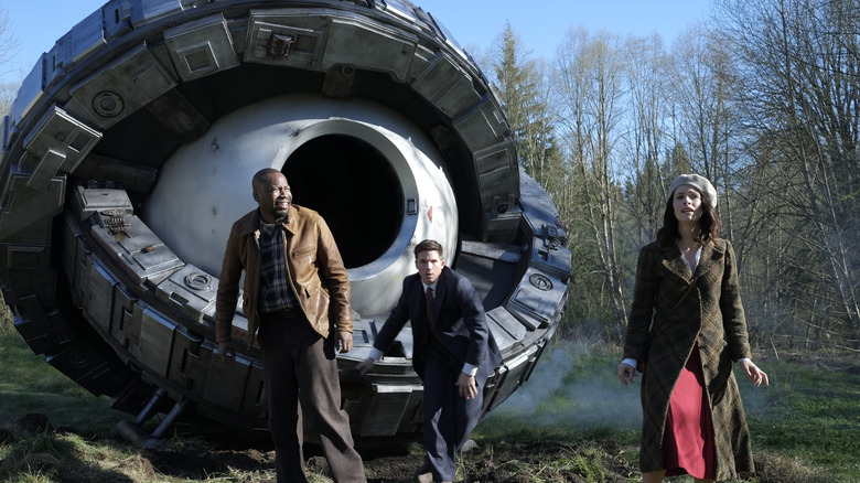 Rufus, Wyatt, and Lucy emerge from time machine in Timeless