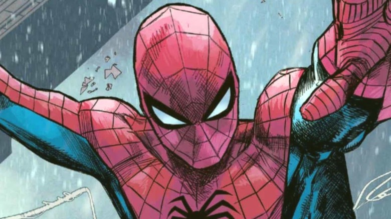 Spider-Man looking down while web-swinging