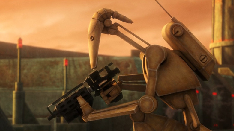 A B1 Battle Droid aiming a blaster in "Star Wars: The Bad Batch" Season 2