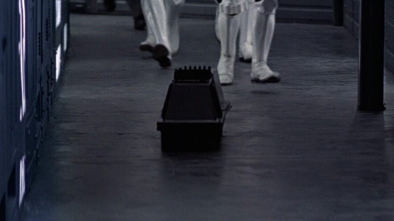 A mouse droid veering through the Death Star in "Star Wars: A New Hope"