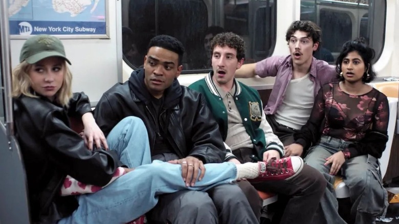 Billie Anton Samir Paul Baker and Issa looking shocked on the subway in Adults