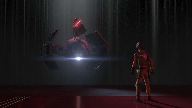 Darth Vader descending on a TIE Advanced with his lightsaber ignited as Ezra Bridger looks on in Star Wars Rebels (2015)