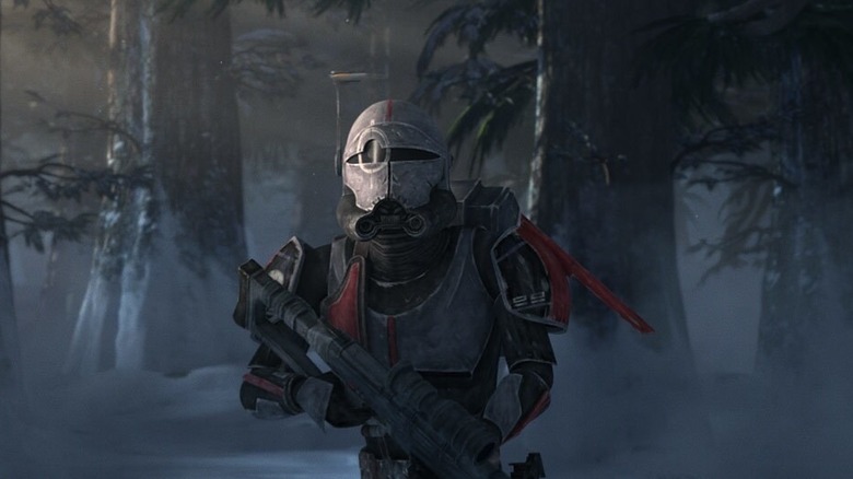 Crosshair walking through a snowy forest in Star Wars: The Bad Batch (2021)