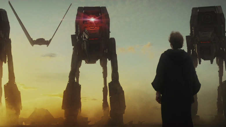 Luke Skywalker staring down a platoon of First Order walkers and Kylo Ren's shuttle in Star Wars: The Last Jedi (2017)