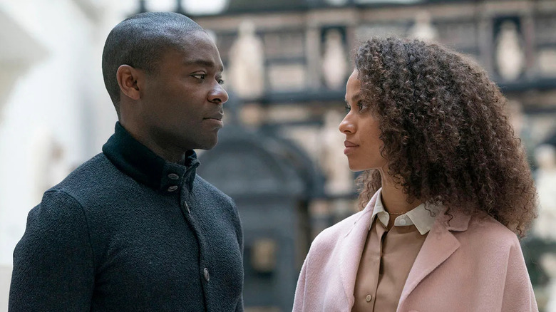 Edward and Jane looking at each other outside in The Girl Before