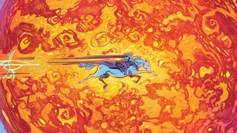 Supergirl riding Comet in front of a sun in Supergirl: Woman of Tomorrow