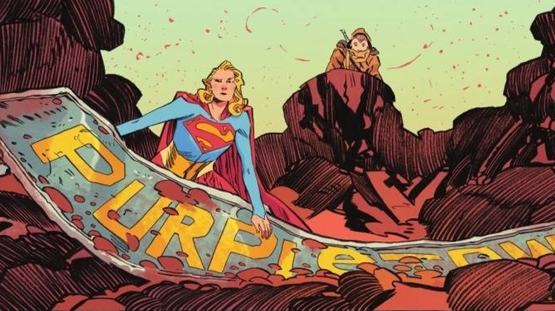 Supergirl and Ruthye finding the Purpletown sign in Supergirl: Woman of Tomorrow