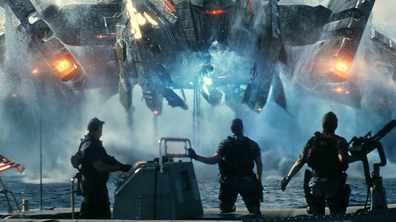 An alien ship attacking Navy soldiers in Battleship (2012)