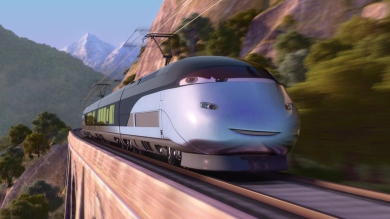 Stephenson speeding on the track in Cars 2