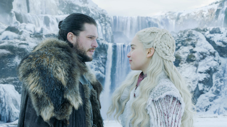 Daenerys and Jon Snow staring at each other in the ice of the North in Game of Thrones