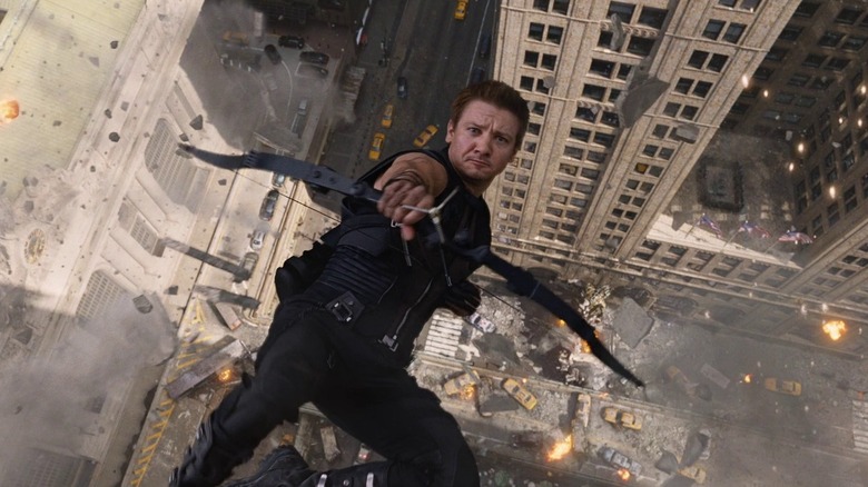 Hawkeye launching an arrow while falling in The Avengers (2012)