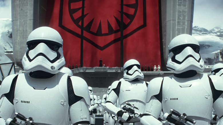 First Order Stormtroopers assembled at a rally in Star Wars: The Force Awakens
