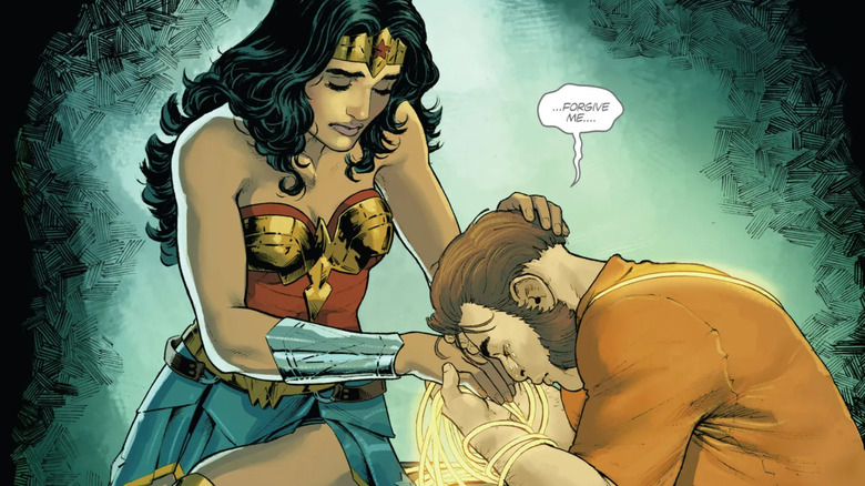 Wonder Woman using her lasso to have a truthful, compassionate conversation with a prison inmate