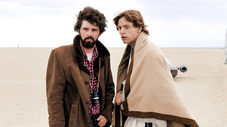 George Lucas talking to Mark Hamill on the set of "Star Wars" (1977)