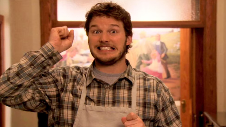 Andy Dwyer with an excited expression during a talking head interview