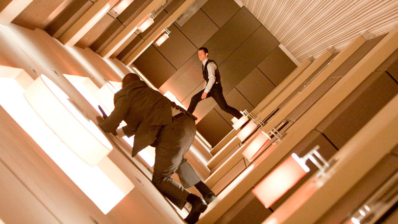 Arthur fighting in the tilted hallway in Inception