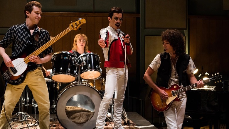 Freddie Mercury performing with his Queen bandmates in "Bohemian Rhapsody" (2018)