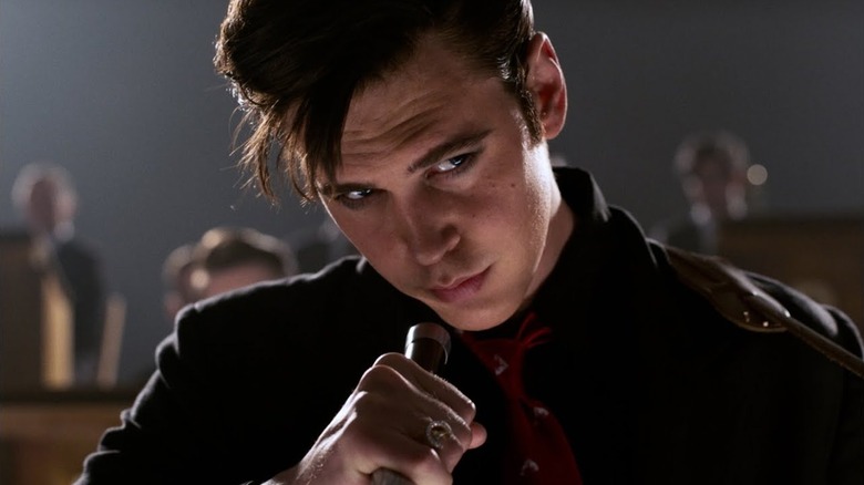 Elvis Presley preparing to sing a rebellious tune in "Elvis" (2022)