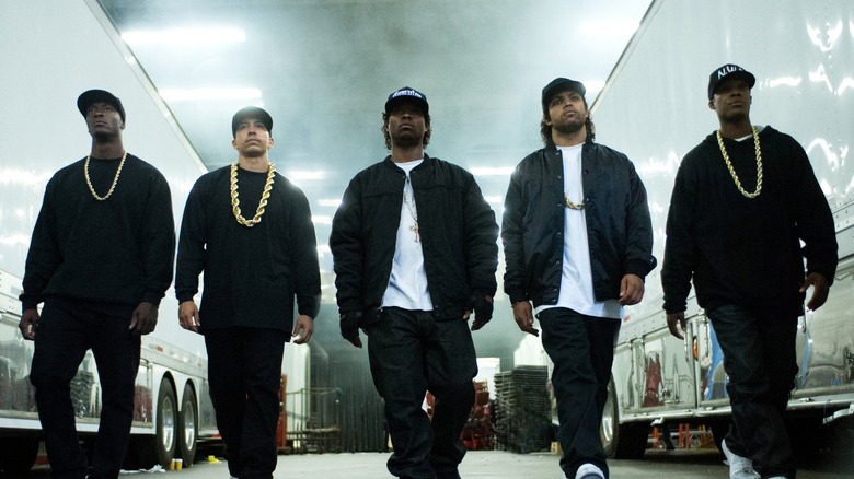 N.W.A. preparing to perform in "Straight Outta Compton" (2015)