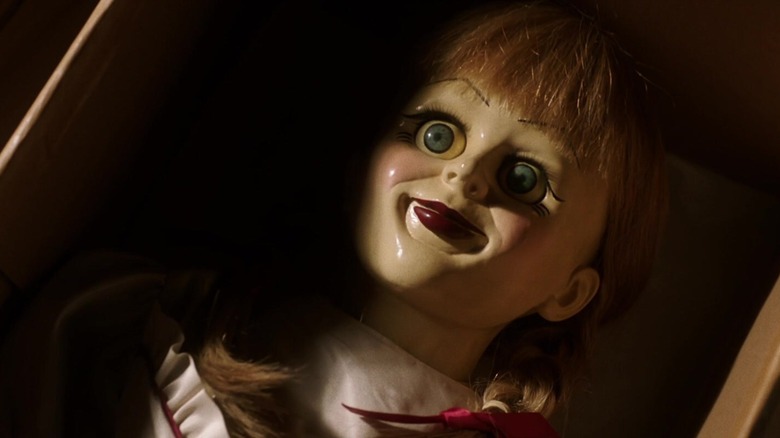 The Annabelle doll in a cardboard box from the beginning of Annabelle