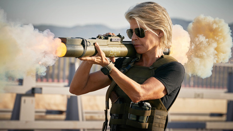 Sarah Connor deploying a rocket launcher in Terminator: Dark Fate