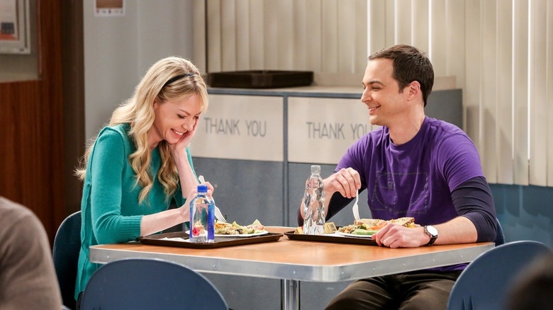 Ramona and Sheldon eating lunch and laughing on The Big Bang Theory
