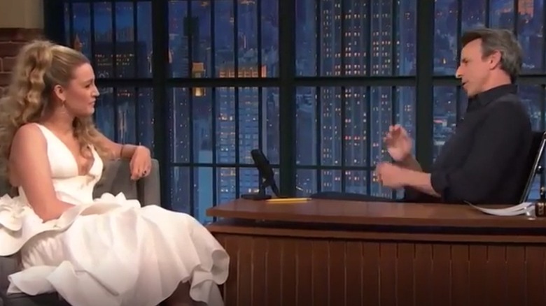 Blake Lively appearing with Seth Myers  on Late Night with Seth Meyers in 2025