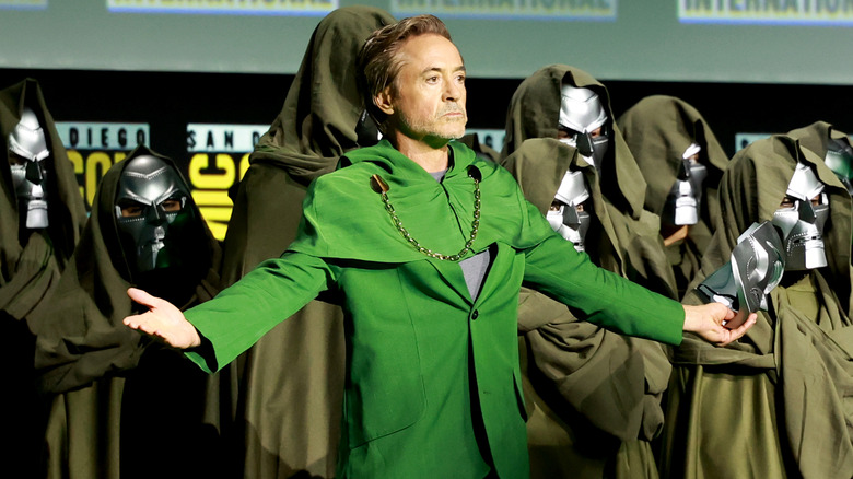 Robert Downey Jr. in Doctor Doom costume at the Marvel Studios Panel during Comic-Con International.