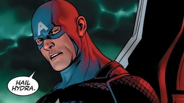 Captain America with a speech bubble that reads "Hail Hydra"