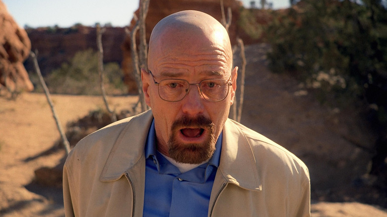Walt looking shocked and upset in the desert on Breaking Bad