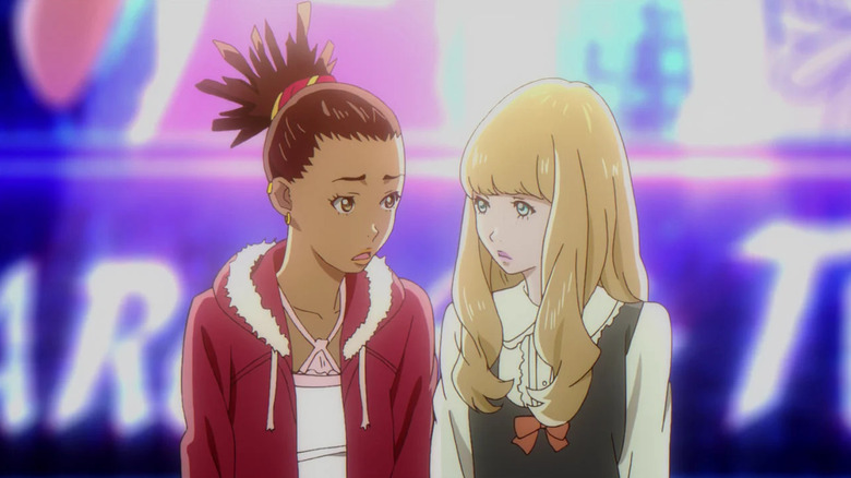 Carole and Tuesday stand in front of a neon billboard in "Carole & Tuesday" (2019)
