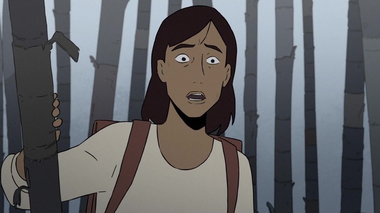 Ursula stands in a grove of trees gaping in surprise in "Scavengers Reign" (2023)