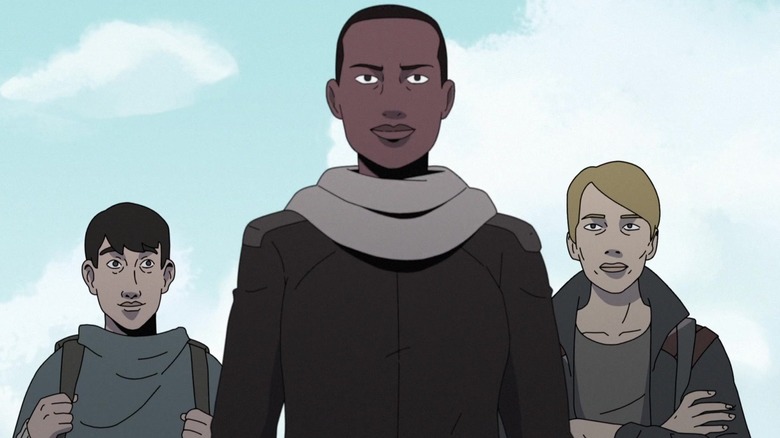 Barry, Ursula, and Kris standing confidently on the planet Vesta in "Scavengers Reign" (2023)